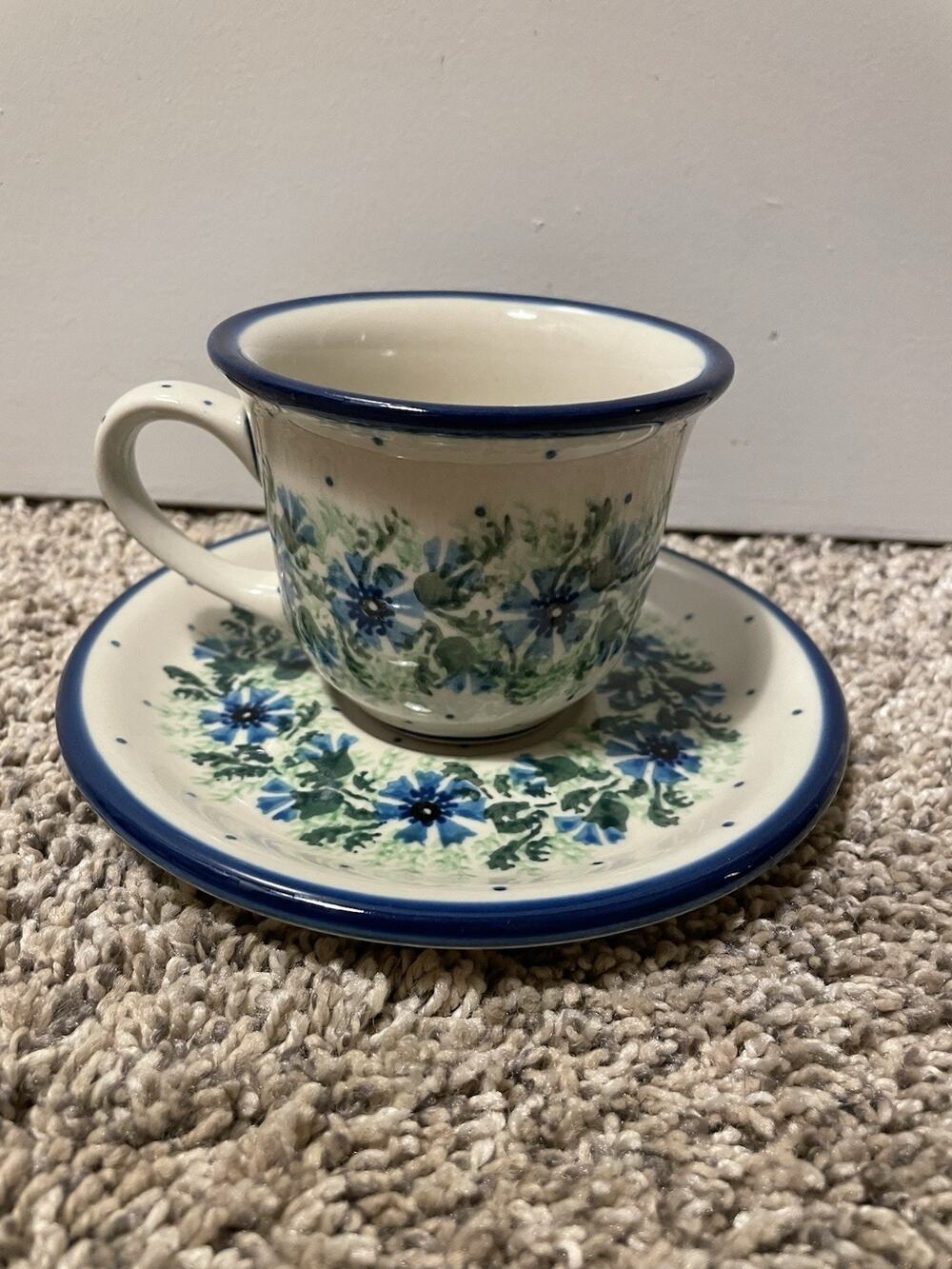 Boleslawiec Polish Pottery Blue Floral Tea Coffee Cup Saucer Poland